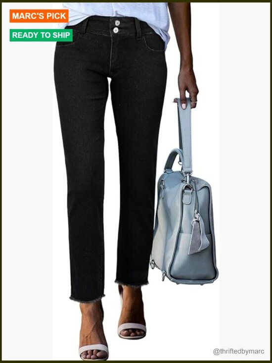 Denim - High Waisted Straight Leg Jeans with Raw Hem